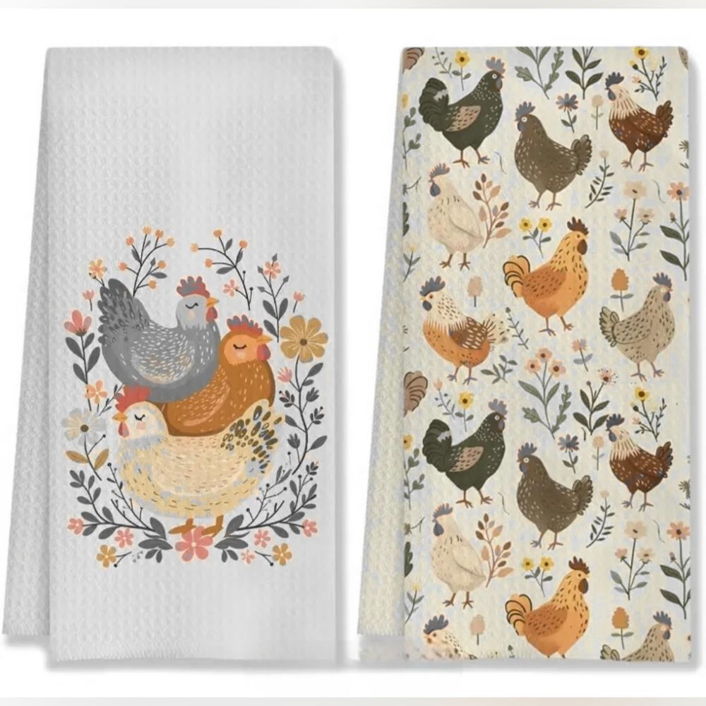 NWT Set of 2 - Chicken Themed Kitchen Dish Hand Towels 24" x 16"